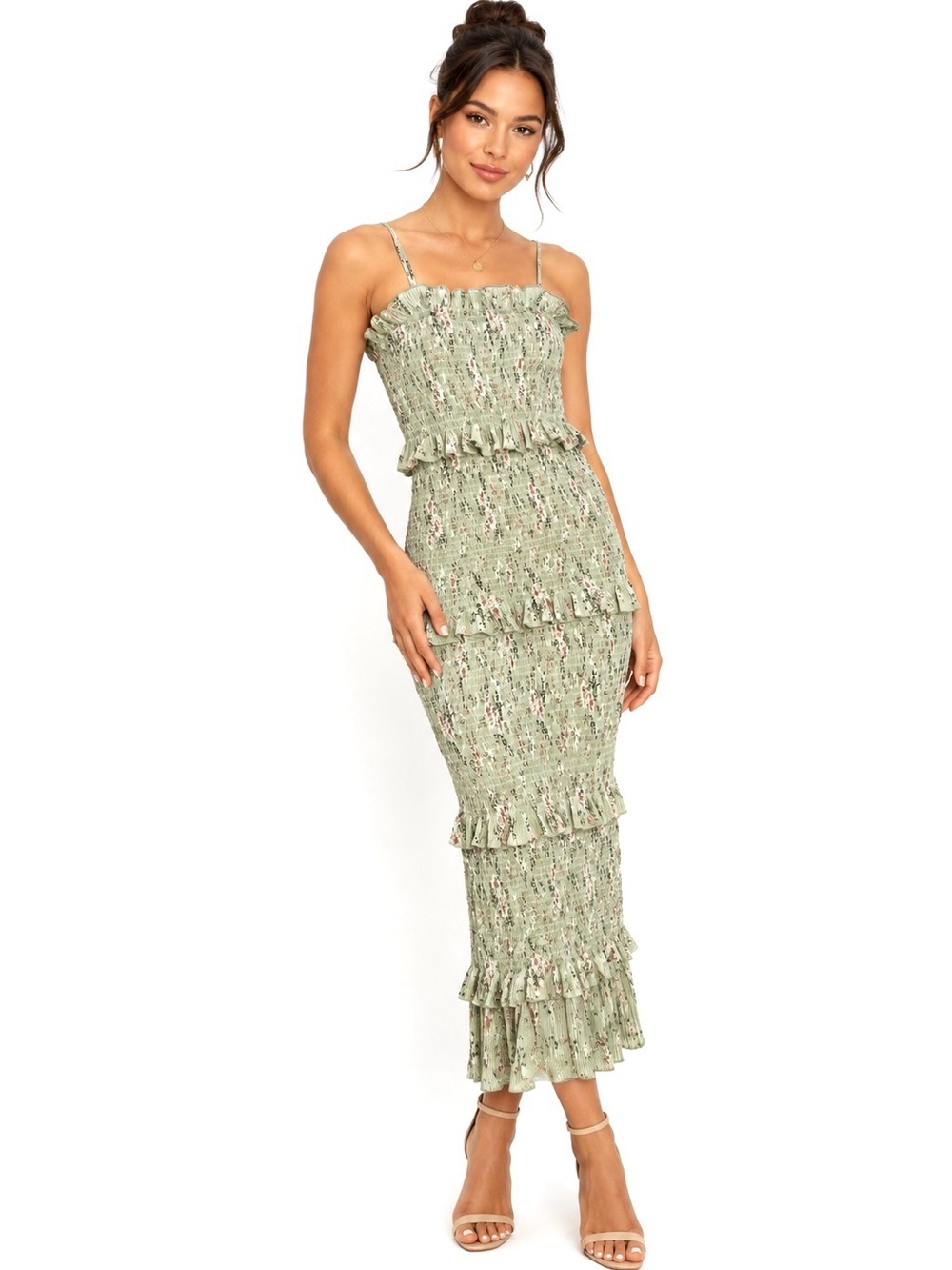 Mable S Sage Floral Smocked Tiered Ruffle Midi Dress romantic cottage stretch